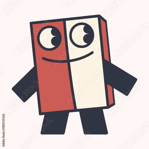A friendly cartoon block character with large eyes and a smile stands on a light pink background