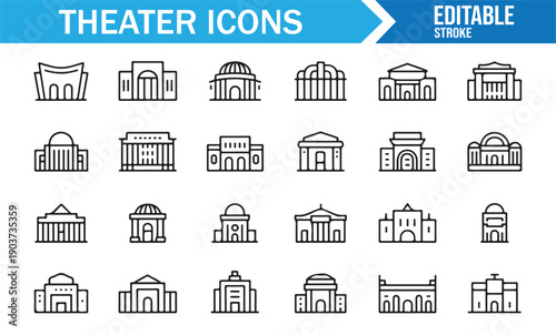 Theater Building Vector Line Icons Isolated on White