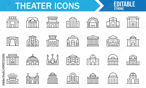 Urban Theater Landmark Outline Icon Set