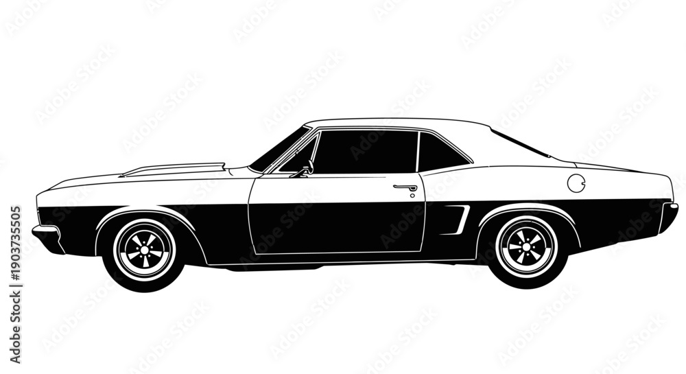 Naklejka premium Vintage black and white muscle car illustration