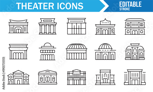 Editable Theater Architecture Line Art Icon Collection