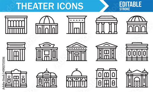 Performing Arts Theater Building Line Icons