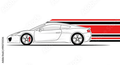 Sleek white sports car speeding past bold red and black stripes