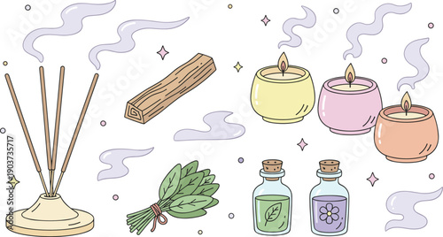 Spiritual Wellness and Aromatherapy Vector Set with Incense, Sage, Palo Santo, Essential Oils, and Burning Candles