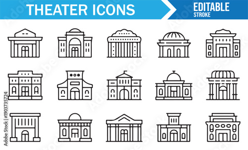 Theater Architecture Outline Icon Set Editable Vector