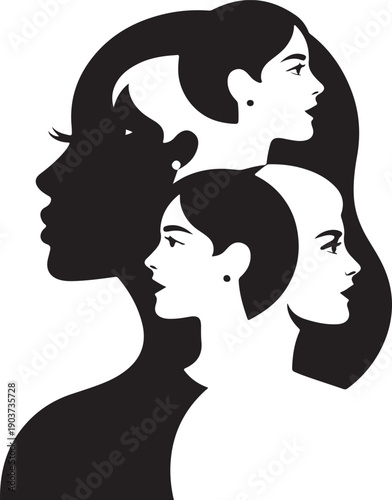 Double exposure vector illustration with multiple female silhouettes