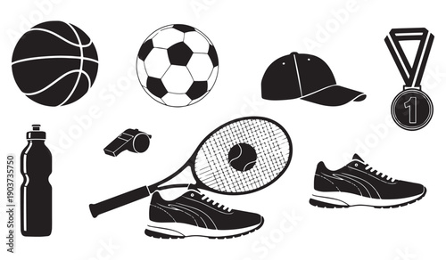 Sports Gear Icons: Basketball, Soccer, Tennis, Cap, Whistle, Medal, and Water Bottle Silhouette