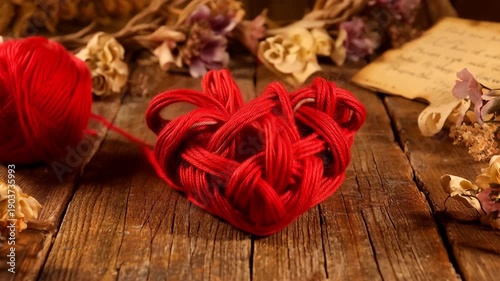 Red yarn unspooling on a rustic wooden table, self weaving into a complex 3D heart shape. 