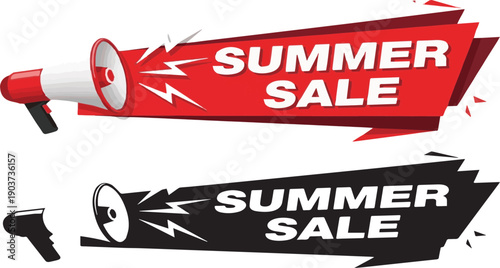Red and black megaphones announcing summer sale with lightning bolts on white background