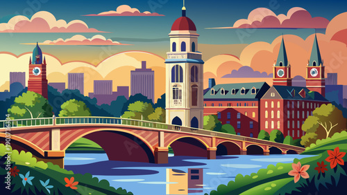Very beautiful view of the historic John W. Weeks Bridge with clock tower spanning the Charles River, connecting Harvard University campus and reflecting timeless academic elegance in Boston, Massachu