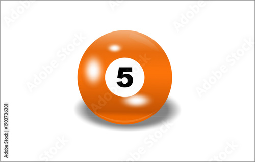 Orange billiard ball, number 5 ball, pool ball, orange 5, 3D render, glossy sphere, sports equipment, indoor games, isolated on white, drop shadow, game room icon, bright orange, billiard set.
