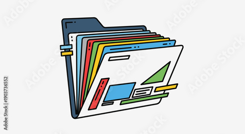 Digital document organization concept with colorful files in a folder for data management solutions