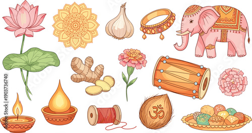 Indian Culture and Diwali Festival Vector Set with Lotus Mandala Ornate Elephant Diya Lamps Dhol Drum and Traditional Sweets