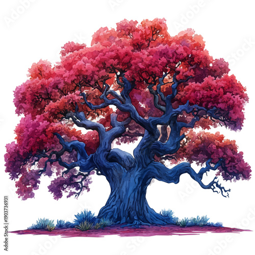 watercolor vector of Sunset Behind Oak Tree, isolated on a white background.