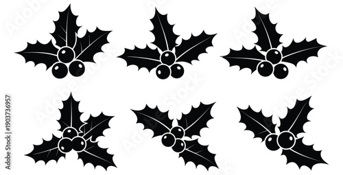 Collection of six distinct black and white holly leaf and berry vector icons showcasing traditional winter holiday decoration elements in various orientations for seasonal design projects
