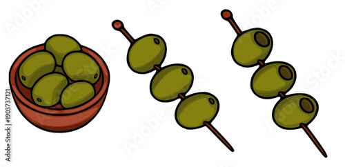 Set of green olives in a bowl and on skewers, vector illustration