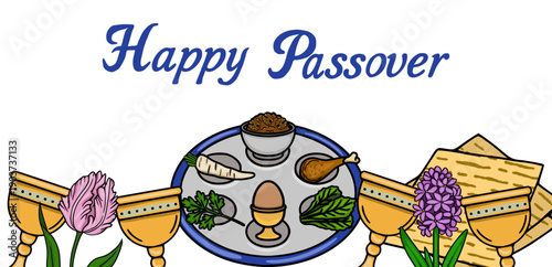 Happy Passover Seder Plate vector banner with matzah, wine cups, and spring flowers