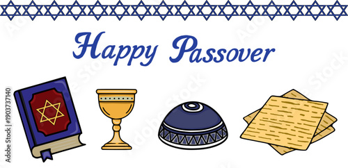 Happy Passover vector banner with religious symbols, chalice, and matzah