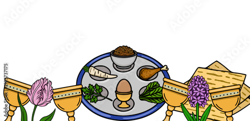 Festive vector banner for Pesach with Seder plate, matzah, wine cups, and spring flowers