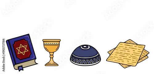 Festive vector banner for Pesach with Torah, goblet, kippah, and matzah