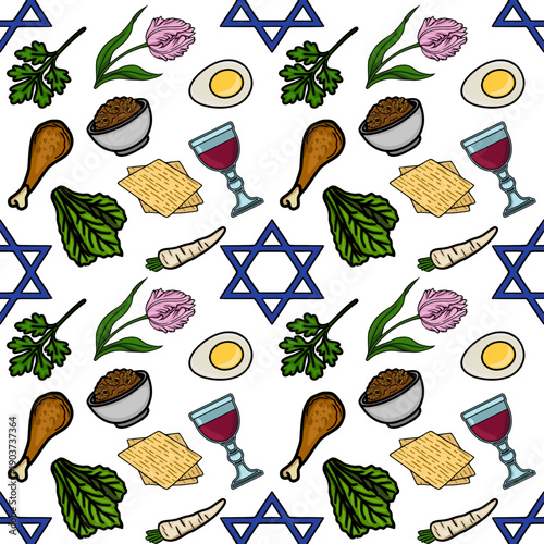 Seamless vector pattern of traditional Passover Seder plate elements with Star of David symbols
