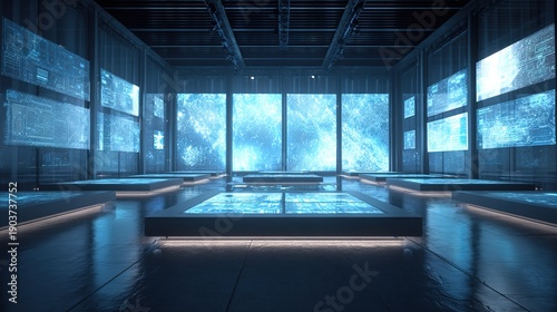Cyber Command Center: The interior of a futuristic command center, bathed in cool blue hues, showcases interactive displays and expansive windows offering a panoramic view.
