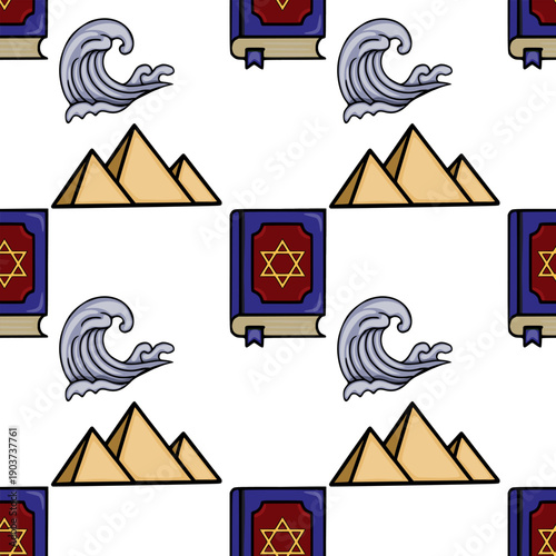 Pesach vector seamless pattern with ancient pyramids and stormy waves