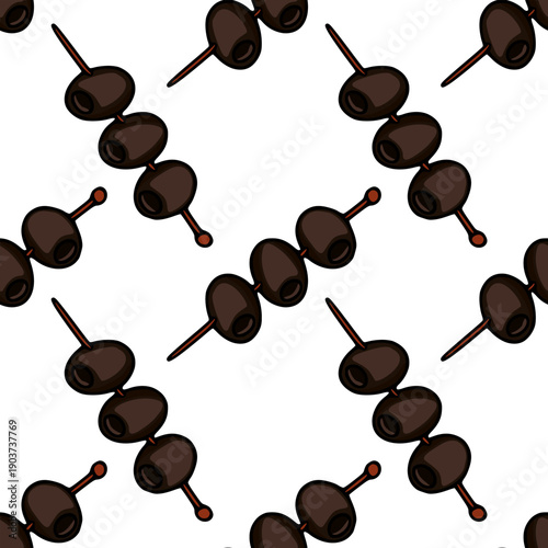 Seamless vector pattern of dark olives on skewers, hand-drawn style illustration