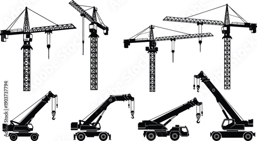 Construction crane silhouette set, tower and mobile cranes, black white vector illustration, heavy machinery equipment collection isolated white