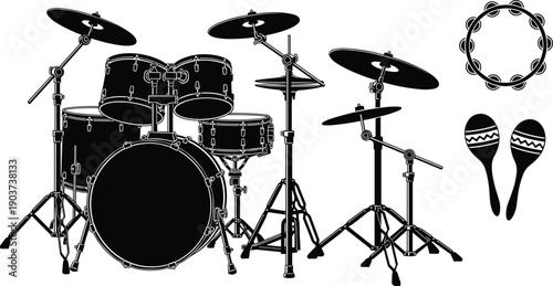 Drum kit silhouette set with cymbals tambourine maracas illustration, percussion musical instruments vector isolated white background design black studio equipment