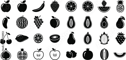 Fruit icons silhouette collection, fresh apple banana strawberry citrus tropical fruits set, healthy food symbols, black vector illustration isolated design
