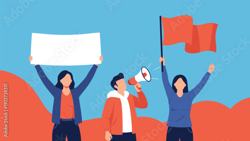 Group of protesters standing together holding a megaphone a blank white sign and a red flag while advocating for social change and justice.