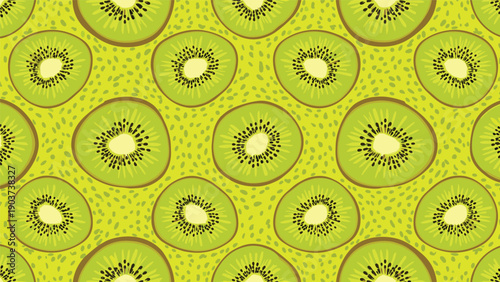 Seamless pattern background of fresh green kiwi fruit slices showing the inner texture and seeds for healthy food and diet concepts.