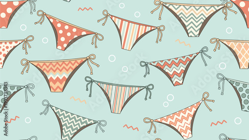 Seamless pattern design featuring various colorful bikini bottoms with different patterns like polka dots stripes and zigzags on blue background.