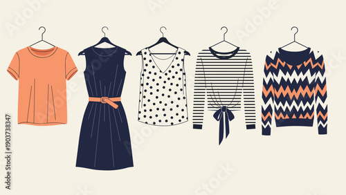 Selection of stylish women clothes including a dress shirt and sweaters hanging on individual hangers against a neutral beige background.