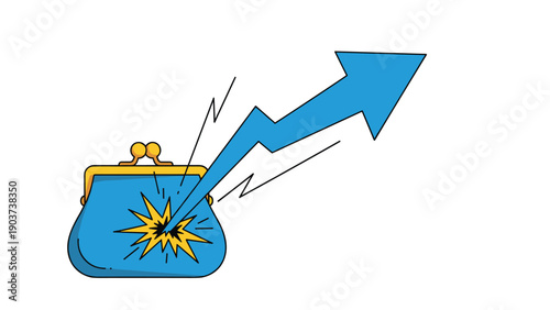 Conceptual financial illustration showing a blue coin purse being pierced by a sharp blue zigzag arrow representing economic inflation or loss.