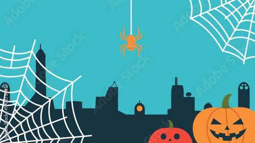 Halloween themed city skyline silhouette with orange pumpkins and white spider webs in the foreground under a teal sky with a hanging spider.