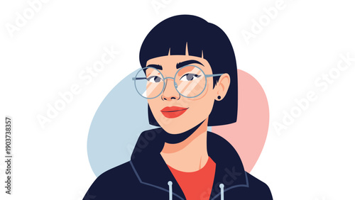 Flat design portrait of a young woman with short dark hair and stylish round glasses looking confidently at the camera on a colorful background.