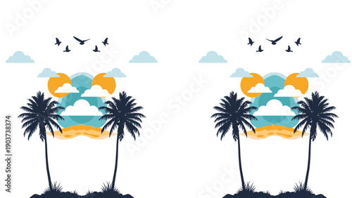 Tropical island landscape illustration featuring palm trees a bright yellow sun and flying birds in a symmetrical and minimalist vector style.