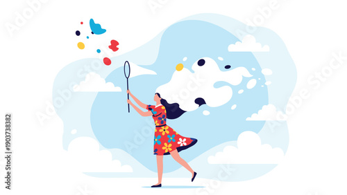Creative illustration of a woman in a floral dress using a net to catch colorful floating paint splashes against a cloudy blue sky backdrop.
