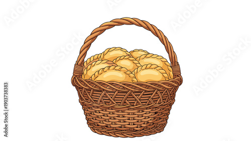 Traditional wicker basket filled with freshly baked golden brown pasties or empanadas ready for a picnic or a family meal on white background.