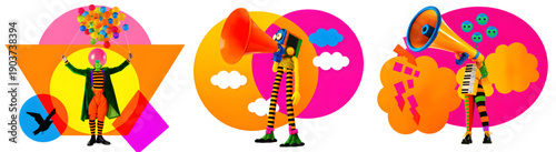 A colorful illustration of a clown holding balloons and a megaphone in a playful scene