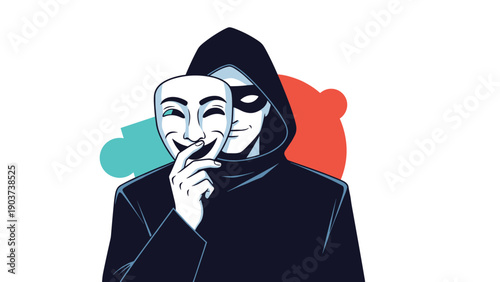 Mysterious person in a dark hoodie holding a smiling theatrical mask in front of their face to symbolize hidden emotions and identity.