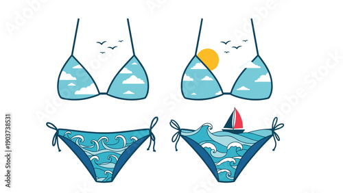 Creative illustration of two bikini sets featuring beautiful summer landscape scenes with ocean waves a sailboat sun and clouds inside.