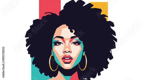 Vibrant stylized portrait of a beautiful African American woman with an afro hairstyle and gold hoop earrings in a modern pop art style.