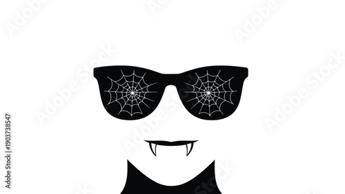 Creative illustration of a vampire face with spiderwebs reflected in sunglasses and sharp fangs for a spooky halloween theme.
