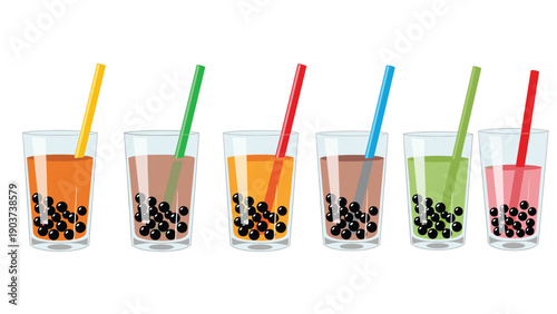 Assorted colorful bubble tea glasses with different flavors and straws lined up in a row on a clean white background illustration.