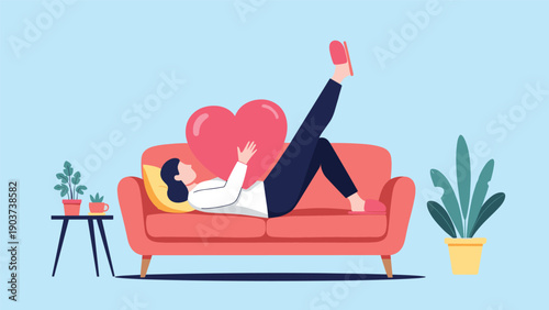 Woman relaxing on a pink sofa while hugging a large red heart symbolizing self-love comfort and emotional well-being at home.
