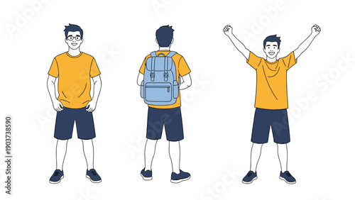 Set of student character poses featuring a young man from the front the back with a blue backpack and celebrating with raised hands.