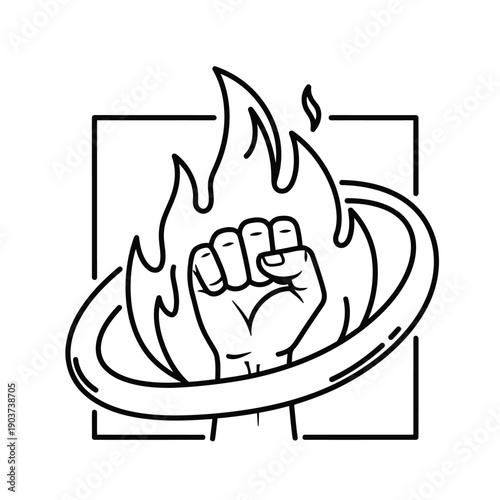 A clenched fist rising from a ring of fire, symbolizing strength and resilience.